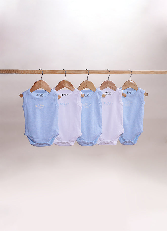Le Pur Biocool Cotton Baby Boy Sleeveless Bodysuit Set – Pack of 5 (Blue & White) - LE PUR!